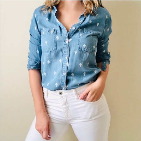 Harper Cactus Print Denim Button Up Shirt - Picture 1 of 10